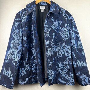 Chico's Blazer Blue Floral Jacket Size 2 Large Brocade Jacquard